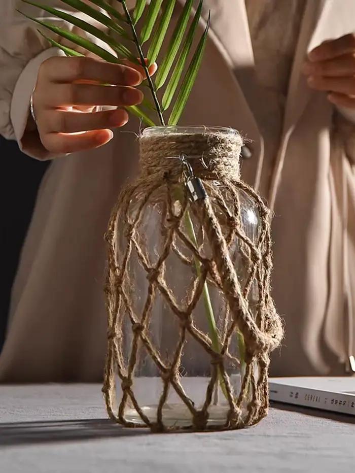 Vase en verre en corde de chanvre tissé à la main