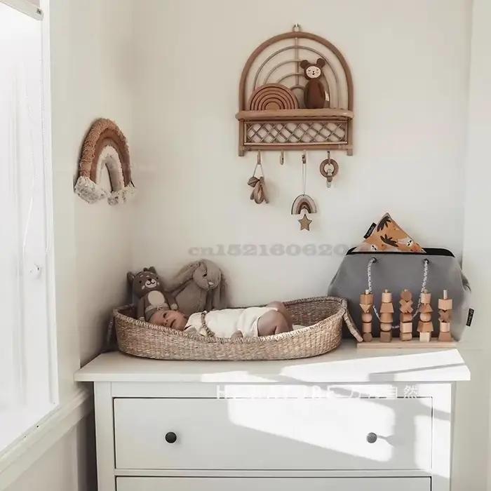 Étagère murale en rotin faite à la main, décor Boho Semi-circulaire, décoration de chambre d'enfant, crochet pour manteau de porche, ameublement de maison