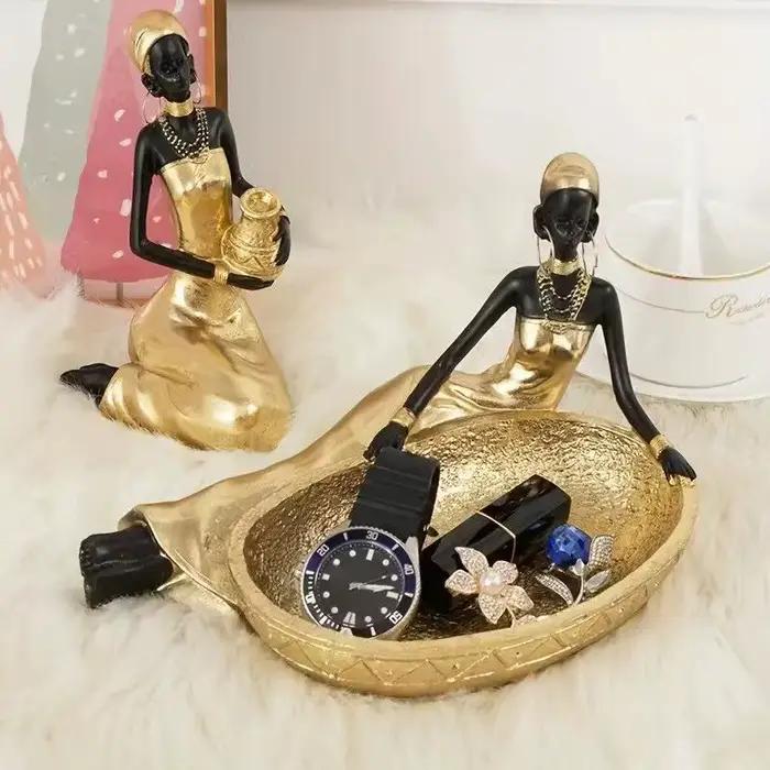 Sculpture de femme en résine de Style africain, décor avec boîte de rangement, décoration Tribal artisanale pour la maison, organisateur en résine, rangement de bijoux pour la maison