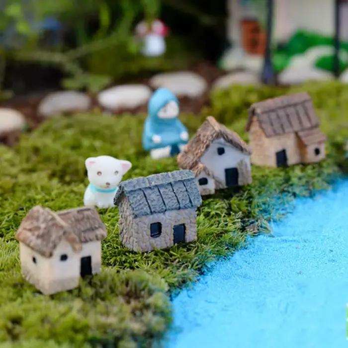 2 pièces maison fantaisie Miniatures petit paysage chalet résine artisanat ornement Mini Figurines mousse Terrarium décor