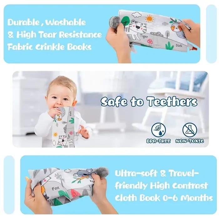 Livre pour bébé en tissu doux avec pages au toucher et au toucher – Livre sensoriel mignon pour bébés de 0 à 6, 6 à 12 à 18 mois avec cadeau froissé pour nouveau-né