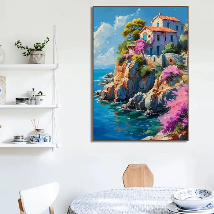 Village méditerranéen bateau côtier bord de mer paysage Floral champ chalet affiche toile peinture impression salon décor à la maison