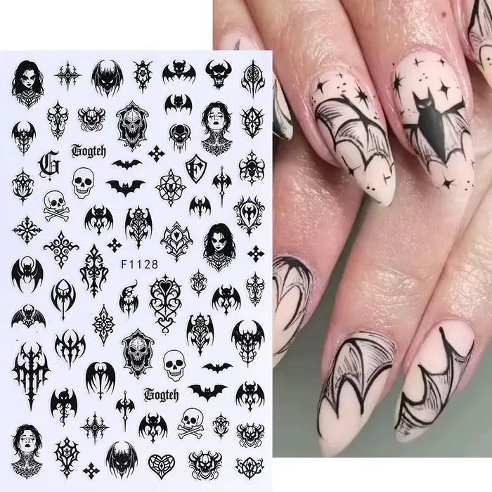 Autocollants gothiques 3D noirs pour ongles halloween design alphabet lettres chateau dentelle crâne nail art occasionnels