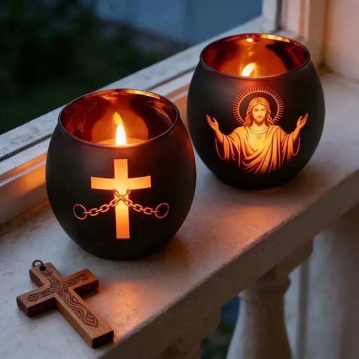 Lot de 2 bougeoirs en verre noir avec figurines et croix