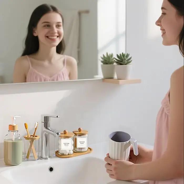 Ensemble d'accessoires de salle de bain en bambou, avec plateau, distributeur de savon en plastique, porte-brosse à dents transparent et 2 supports Qtip, boule de coton, 5 paquets
