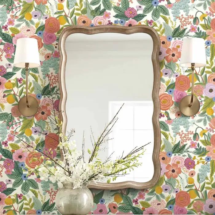 Papier peint interconnexion Garden Party en fibre de bois avec motifs floraux et fruitiers pour salon, bureau administratif et espaces de divertissement