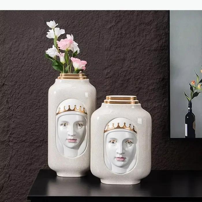 Vase en céramique, personnage de dessin animé abstrait, visage de la reine, vase à fleurs, sculpture, artisanat en céramique, accessoires de décoration pour la maison