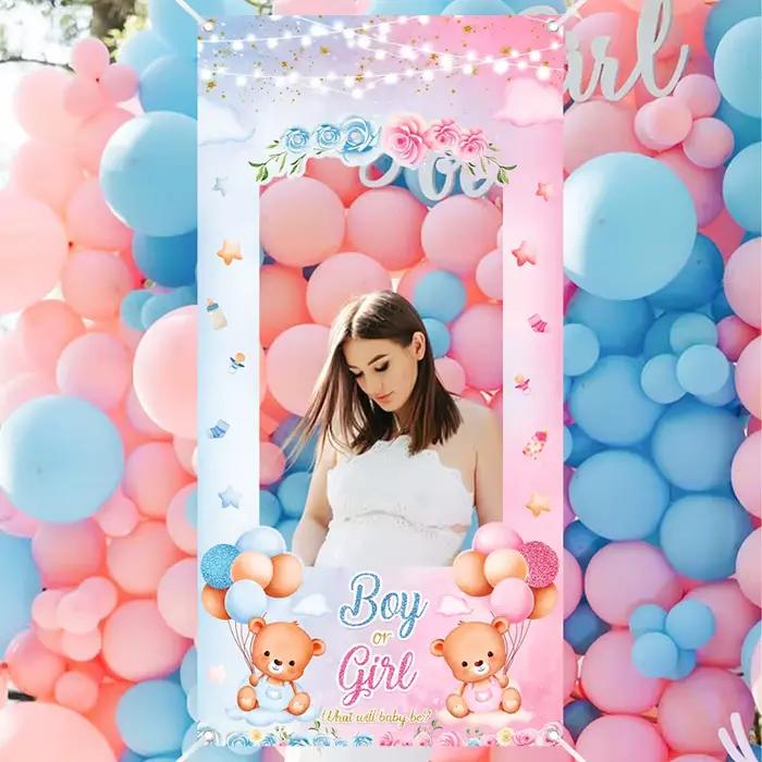 Genre ​ Décorations de fête de révélation du sexe du bébé, fournitures de décoration, bannière ours rose et bleu, fond de photographie