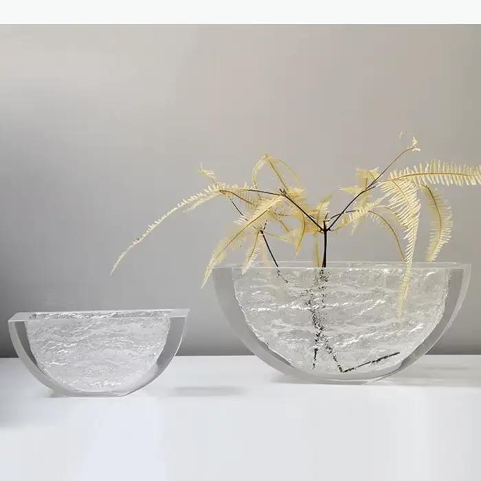Vase transparent semi-circulaire à texture glacée, pots à fleurs, décoration de bureau, arrangement de fleurs, vases floraux, décoration esthétique de la pièce