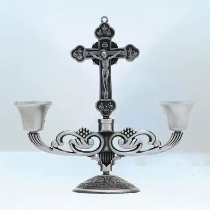 Avec poignée bougeoirs chrétiens classique antirouille Crucifix support de Table facile à transporter
