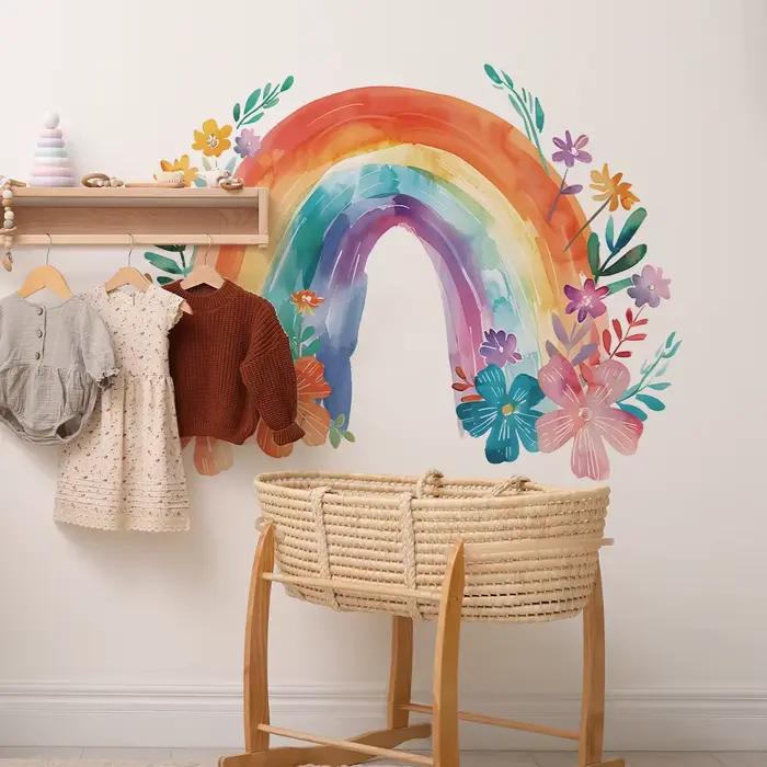 Autocollant mural arc-en-ciel avec feuilles et fleurs colorées