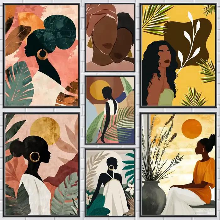 Affiche abstraite de feuilles de fleurs de femme africaine