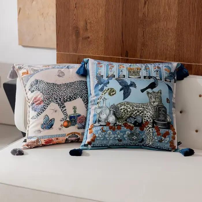 Juste de coussin en velours bleu, motif léopard, animaux de la jungle, rétro, décoratif, pour canapé, chaise, décoration d'intérieur, luxe