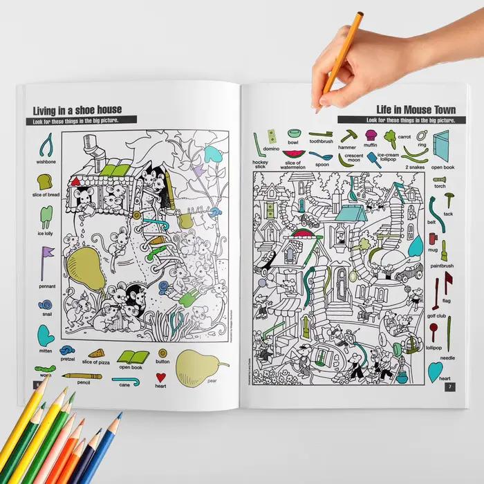 Livre d'activités de recherche d'objets cachés pour enfants – Amusants puzzles à trouver et à colorier pour améliorer la concentration et les compétences d'observation