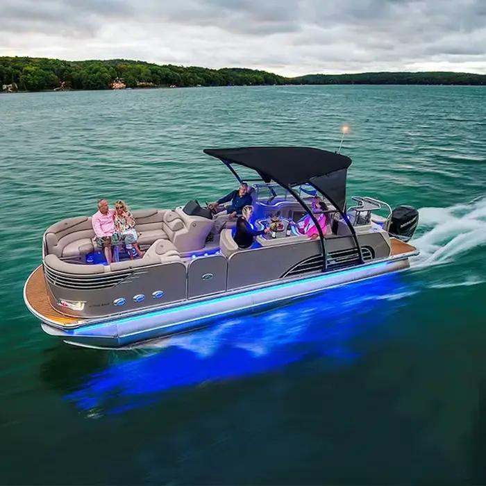 Bateau ponton de luxe personnalisé pour fêtes, avec moteur hors-bord, coque en fibre de verre, bateau flottant pour les entreprises