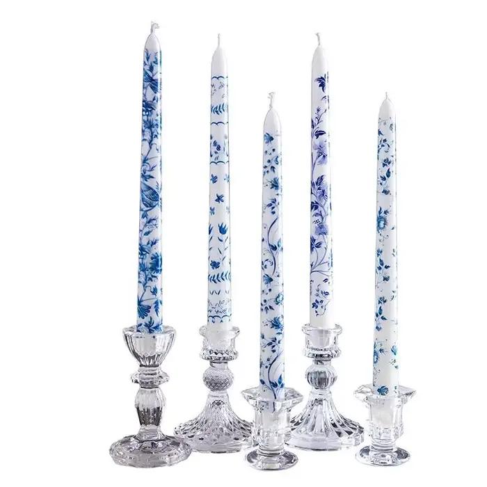 Bougies longues chinoises peintes à la main en porcelaine bleue et blanche