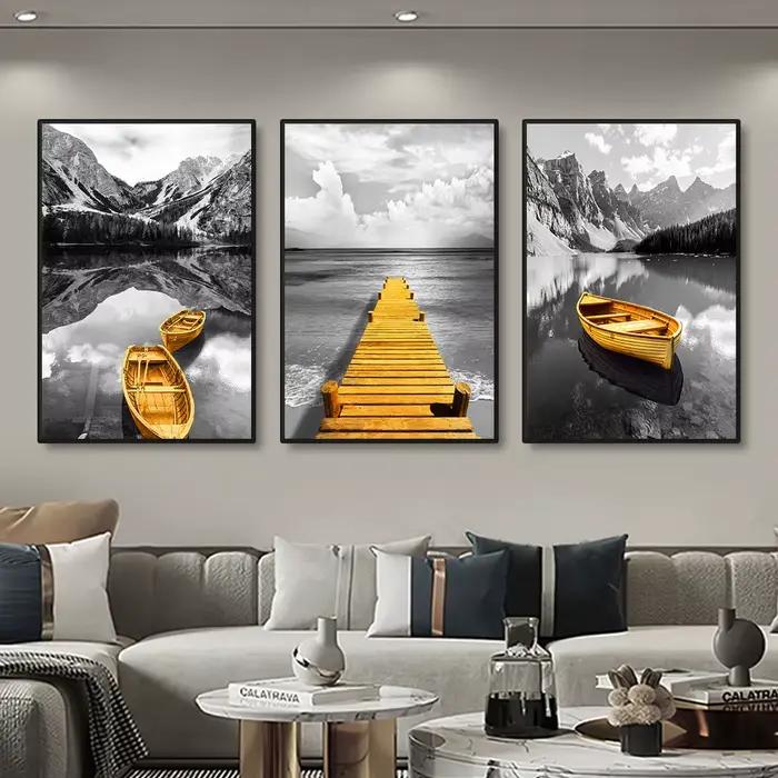 Toile de paysage de bateau jaune sur le lac