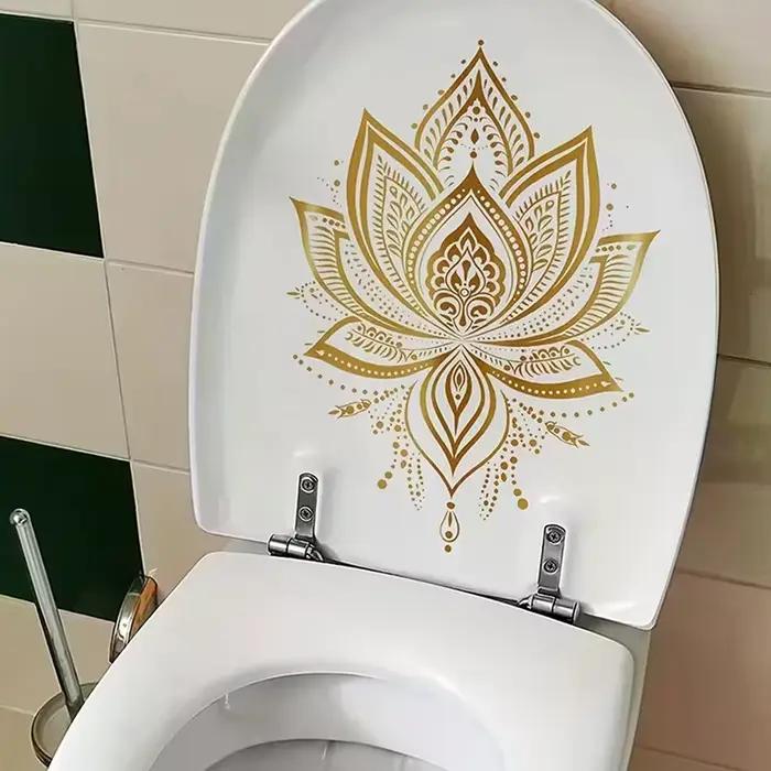Autocollant de toilette Lotus doré décoration de style Zen autocollant mural auto-adhésif amovible esthétique pour salle de bain décoration de maison polyvalente occassions spéciales