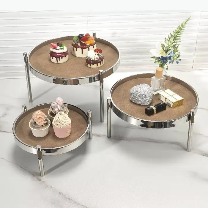 Plateau en cuir et acier inoxydable sur pieds hauts, plateau de rangement, plateau à bijoux, support à gâteaux, présentoir, plateau à rafraîchissements, assiette à dessert
