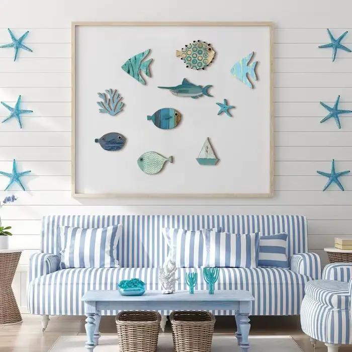 Lot de 10 décorations murales en bois en forme de poisson