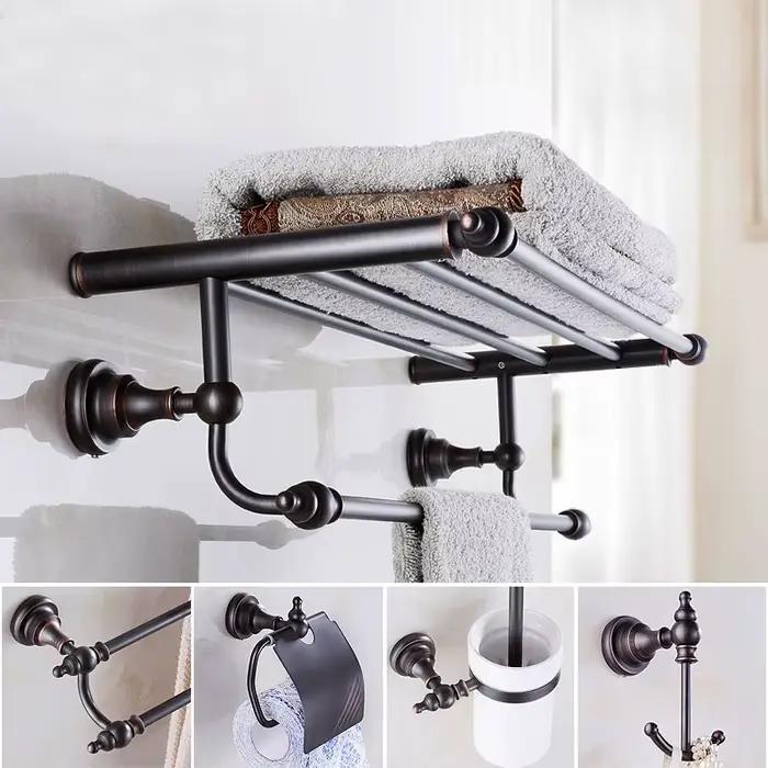 Ensemble d'accessoires ménagers en bronze frotté à l'huile, étagère à serviettes, porte-serviettes, porte-papier hygiénique, ensembles de quincaillerie de bain muraux