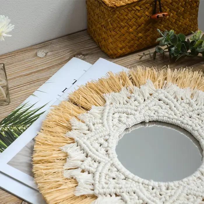 Boho décoration de la maison paille tissé à la main miroir