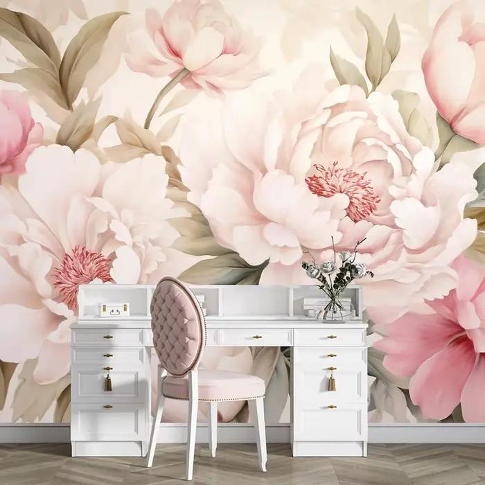 Papier peint mural élégant à motif de pivoines polyester 3D pour décoration romantique chambre à coucher salle de bain occasionnelle cadeau