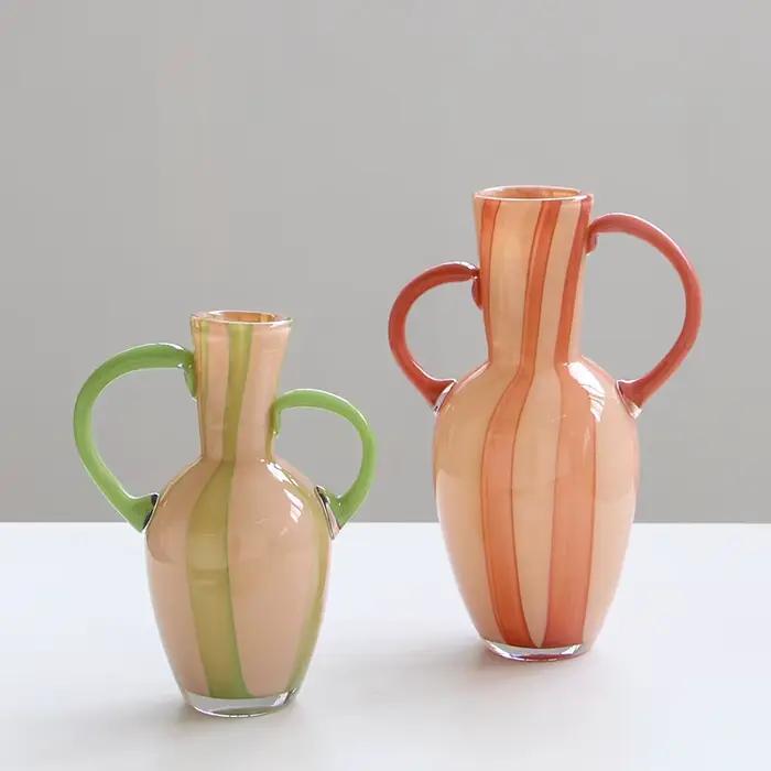 Vase en verre coloré avec poignée rétro, pichet, bouilloire à eau, vase à fleurs, hydroponie, terrarium, pot de fleurs, pots, décoration d'intérieur