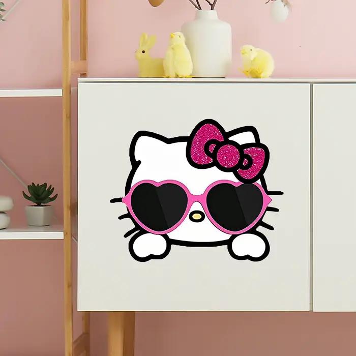 Autocollants muraux Kawaii Hello Kitty, autocollants muraux amovibles Cool Cat Pink Bow Heart Sunglasses pour la décoration de la chambre à coucher, de la salle de bain et des placards