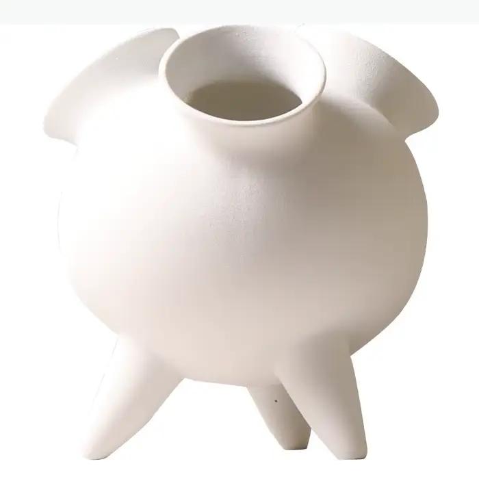 Vase en céramique géométrique blanc, pot de fleurs de dessin animé, accessoires pour arrangements floraux à trois pieds, artisanat blanc givré