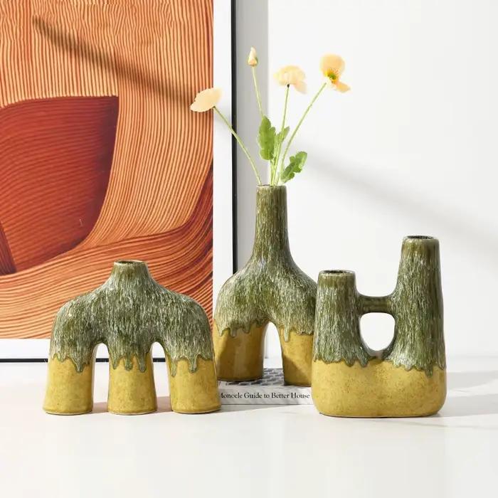 Vase en céramique abstrait avec glaçure colorée effet four, artisanat en céramique, accessoires pour arrangements floraux, vase à fleurs, décoration d'intérieur