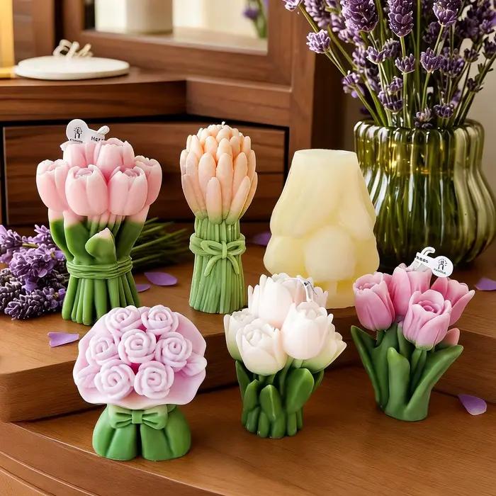 Bouquet de bougies parfumées à la rose et à la tulipe - Bougie florale artisanale en cire de soja, cadeau de mariage, cadeau de la Saint-Valentin, décoration de table à la maison