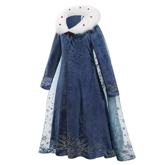 Costume de reine Elsa pour filles, robe en velours avec Cape détachable, col en fausse fourrure, tenue luxueuse de fête d'anniversaire et d'halloween la reine des neiges