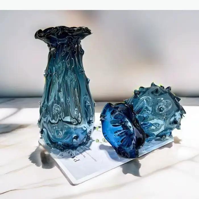 Vase en verre bleu à ondulations, accessoires pour arrangements floraux, hydroponie, terrarium, pot de fleurs, accessoires de décoration intérieure