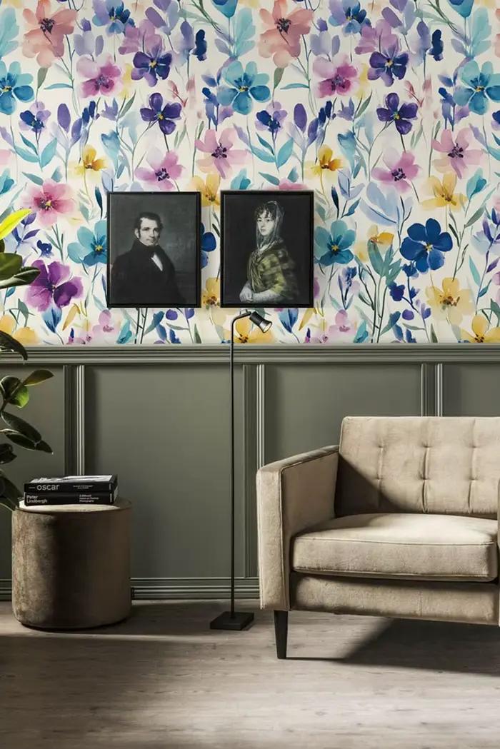 Papier peint auto-adhésif à fleurs colorées aquarelle