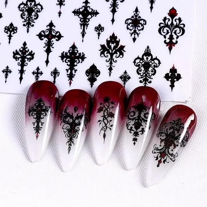 Autocollants gothiques 3D noirs pour ongles halloween design alphabet lettres chateau dentelle crâne nail art occasionnels