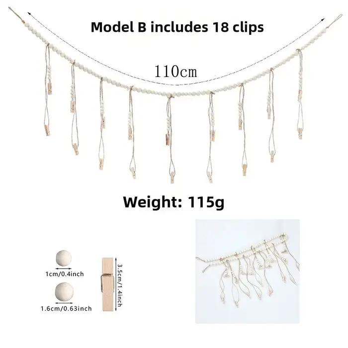 Chaîne de suspension murale pour photos avec clips à pompons en bois et cadres photo à perles