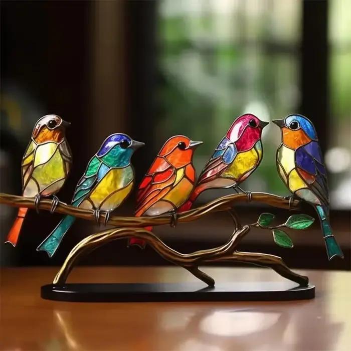 Vitrail oiseaux sur branche, ornements de bureau, oiseaux multicolores Double face en alliage, série d'oiseaux, décorations acryliques