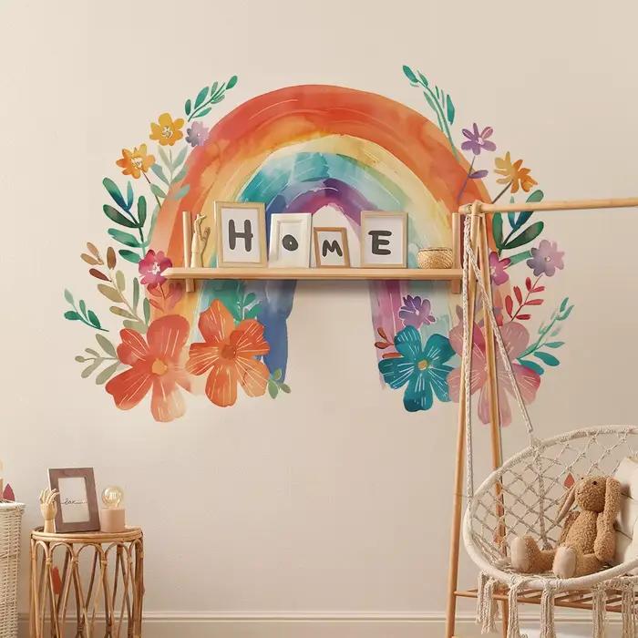 Autocollant mural arc-en-ciel avec feuilles et fleurs colorées
