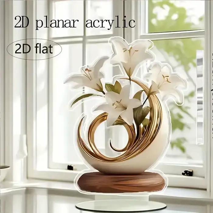1 Élégant vase en cristal avec lys blancs et décorations dorées - Décoration plate 2D pour salon, bureau |   Parfait pour la décoration de la maison