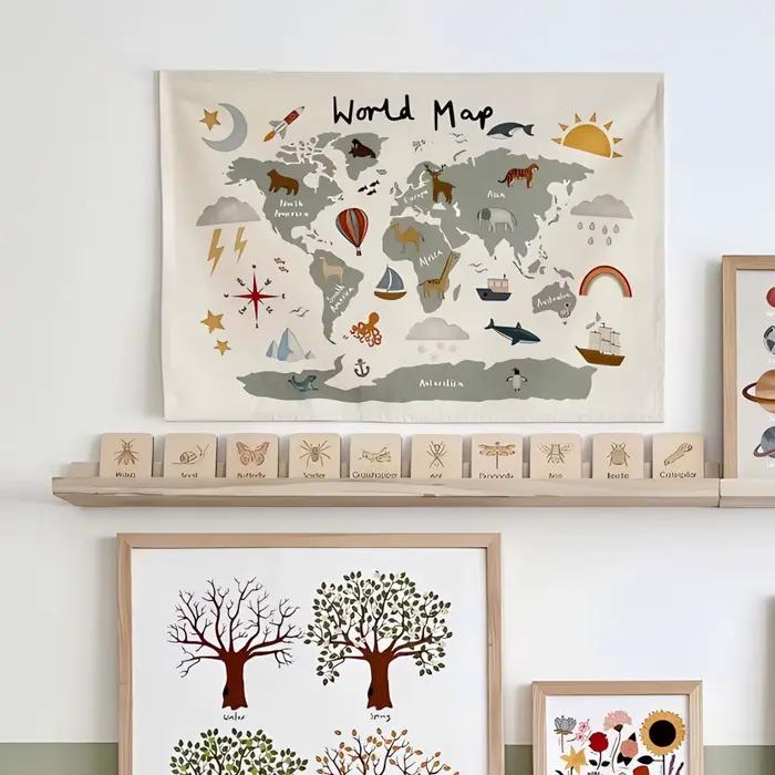 Nordique carte du monde toile tenture murale chambre d'enfants décoration