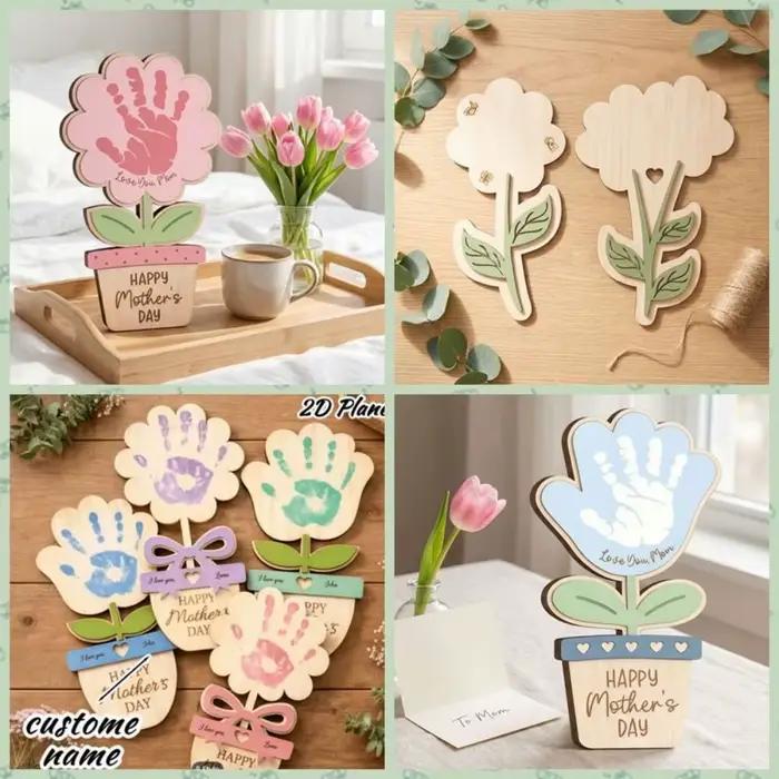 Plaque décorative peinte à la main pour la fête des mères, cadeaux pour maman, panneau DIY avec empreinte de main, ornement plat 2D, artisanat floral en bois
