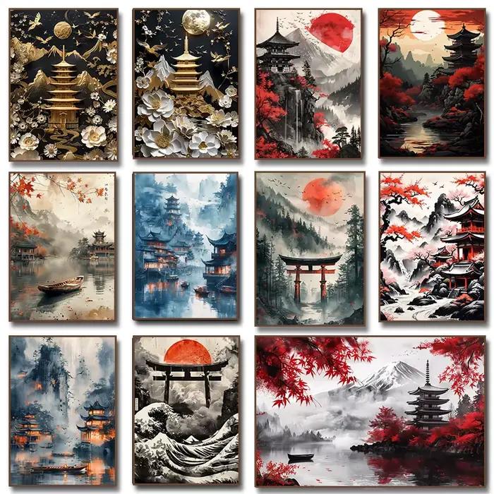 Impressions sur toile Potdemiel de paysages de portails de temple de cerisiers japonais pour décoration de salon et maison occasions spéciales