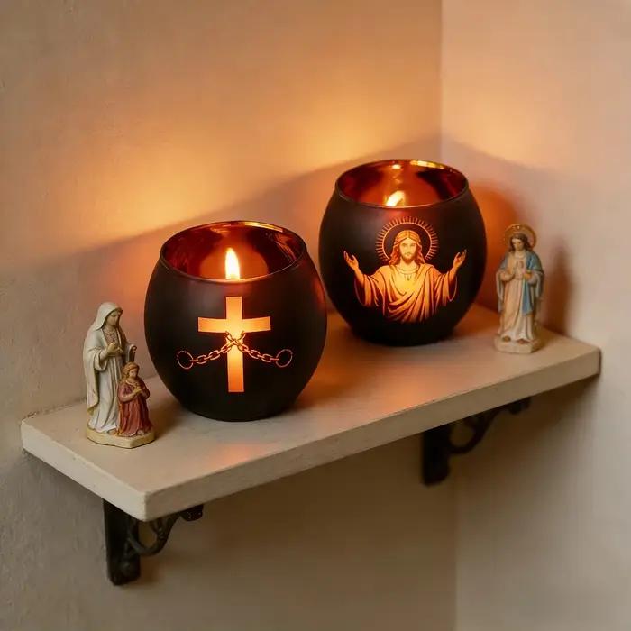 Lot de 2 bougeoirs en verre noir avec figurines et croix