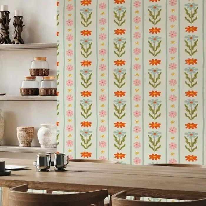 Papier peint à rayures florales colorées de luxe