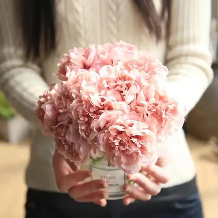 Bouquet de Pivoines Artificielles pour Décoration de Mariage, Fausses Fleurs, Hortensias Bon Marché, 5 Têtes