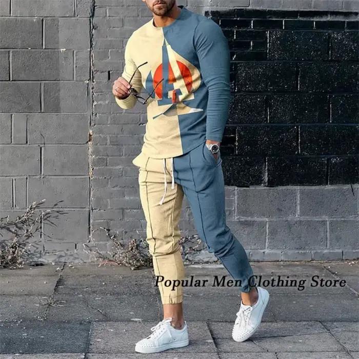 Ensemble de vêtements pour hommes, t-shirt à manches longues + pantalon, survêtement décontracté, costume 2 pièces, vêtements de sport pour printemps, Streetwear surdimensionné