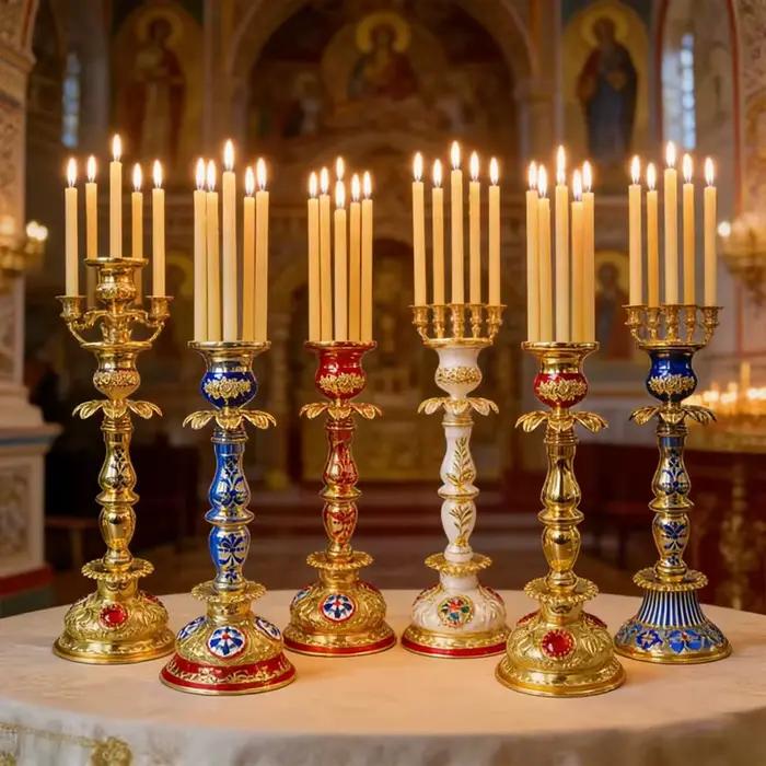 Ensemble de chandeliers d'église orthodoxes orientaux plaqués or avec accents en émail rouge et bleu pour la liturgie chrétienne et la décoration d'autel domestique