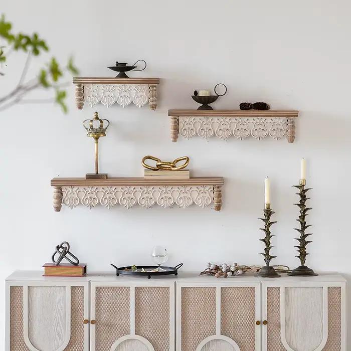 Étagère murale marocaine en bois naturel, étagère flottante sculptée marron clair, décor Boho Vintage fabriqué à la main, affichage d'accent rustique