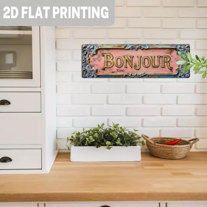 Panneau français vintage en bois "Bonjour"
